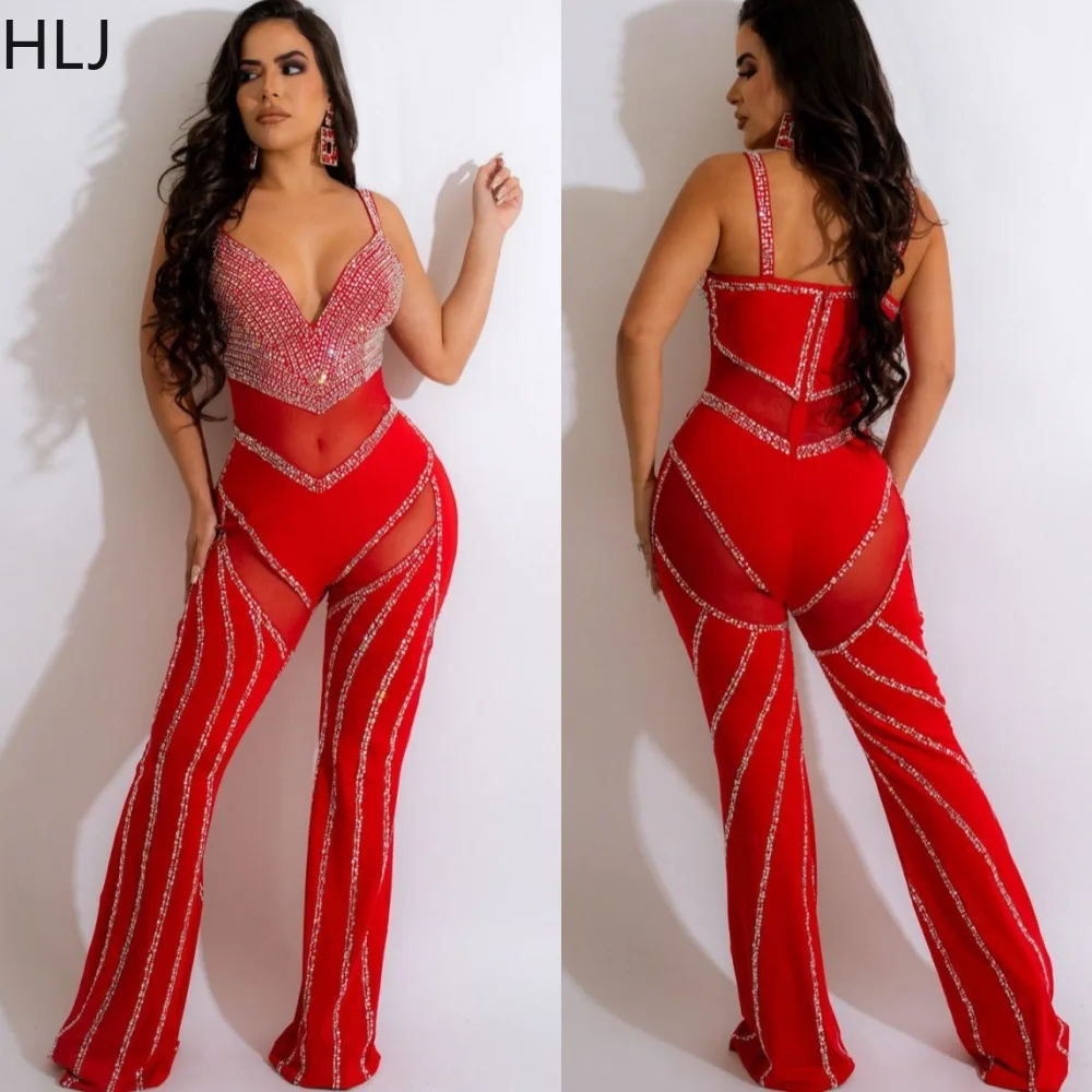 

HLJ Fashion Deep V Rhinestones Mesh Perspective Party Club Jumpsuits Women Strap Sleeveless Slim Wide Leg Pants Playsuit Overall