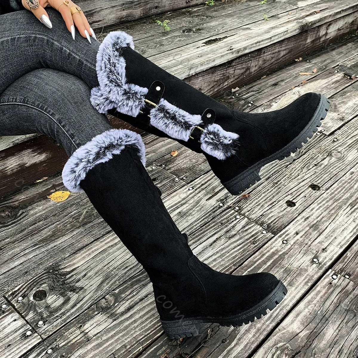 Comemore Winter Shoes for Women Velvet Thickened Snow Boots Thick Heel Round Toe Casual Belt Buckle Furry Mid-calf Boots Females