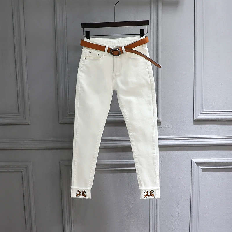 

White Casual Women Jeans 2024 New Spring Summer All-match High Waist Pencil Pants Deer Embroidery Stretch Denim Harem Trousers