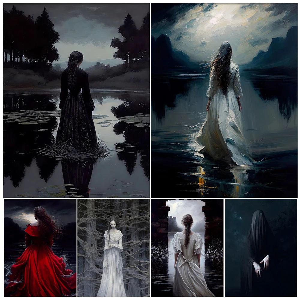 

Victorian Gothic Lady Oil Painting Wall Art Print Vintage Occult Dark Academia Aesthetic Art Poster Print Home Decor Unframed