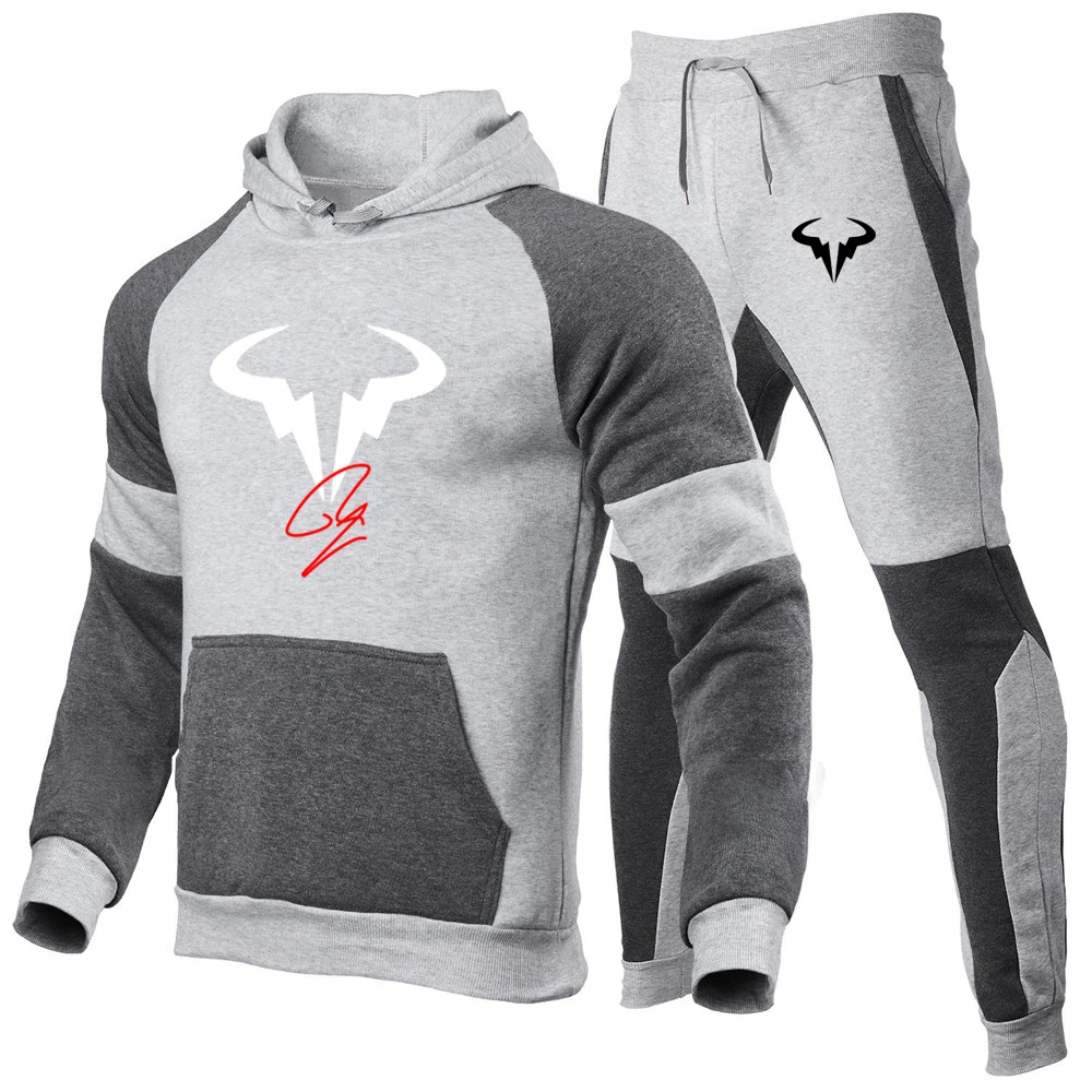 2024 Spring Autumn Men's Rafael Nadal Symbol Logo Print Popular Pocket Design Pullover Hoodies+Casual Sweatpants Patchwork Sets