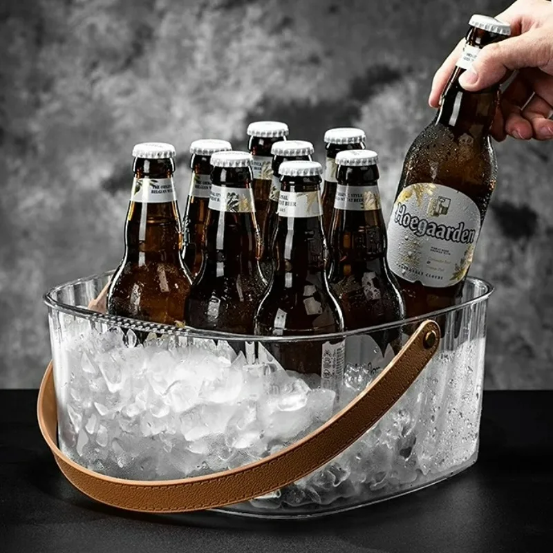 Portable Beer Ice Buckets Acrylic Champagne Bucket Fruit Storage Bucket Leather Portable Large Capacity Ice Buckets Bar Tools