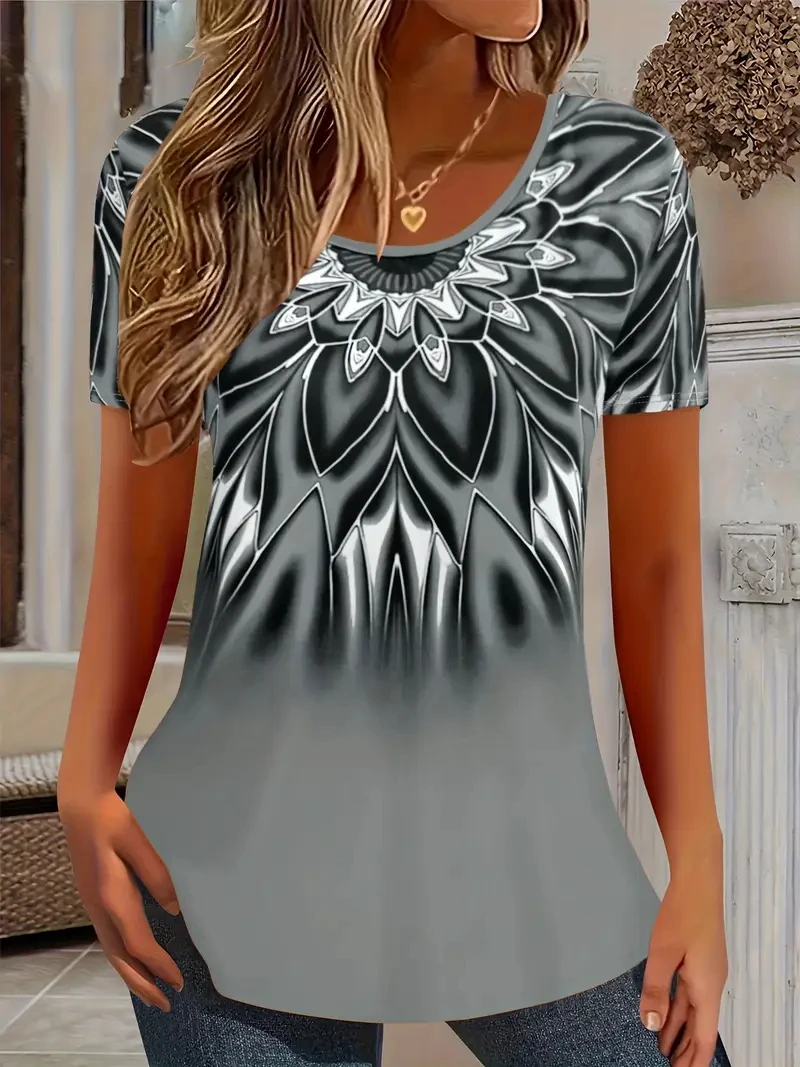 T-shirt da donna di moda Gradiente colorato Stampa 3D Estate Outdoor Casual Manica corta Top semplici Abbigliamento da donna oversize