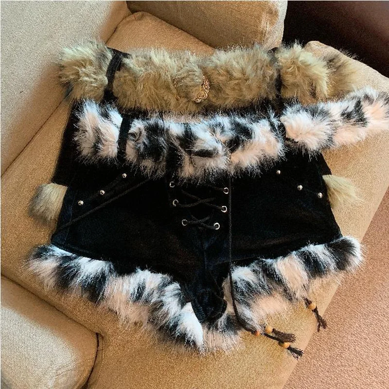 Fashion Women's Fur Patchwork Shorts Vintage High Waist Wide Leg Shorts Chic Short Pants Autumn Winter New