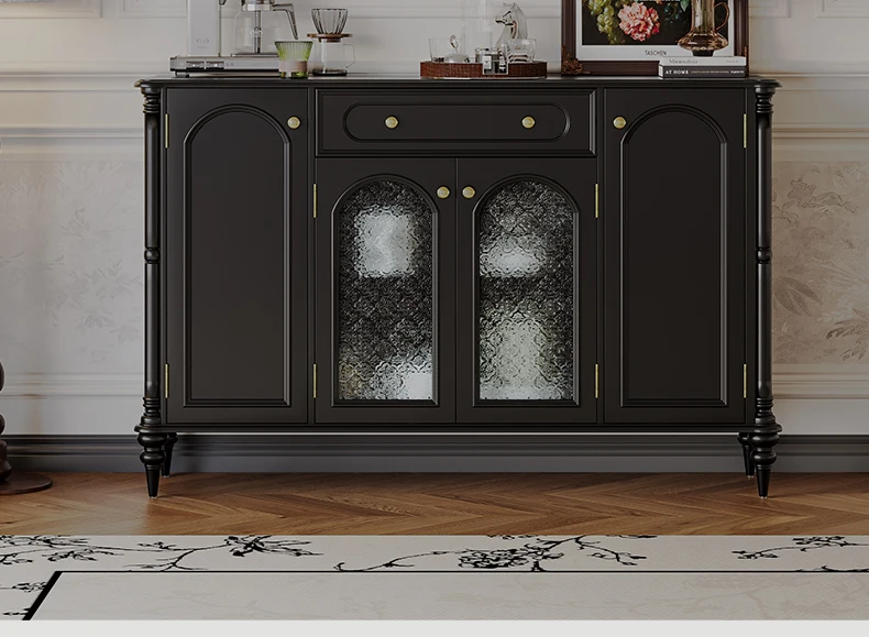 

American retro dining side cabinet integrated against the wall Solid wood black locker Restaurant dining cabinet Tea cabinet
