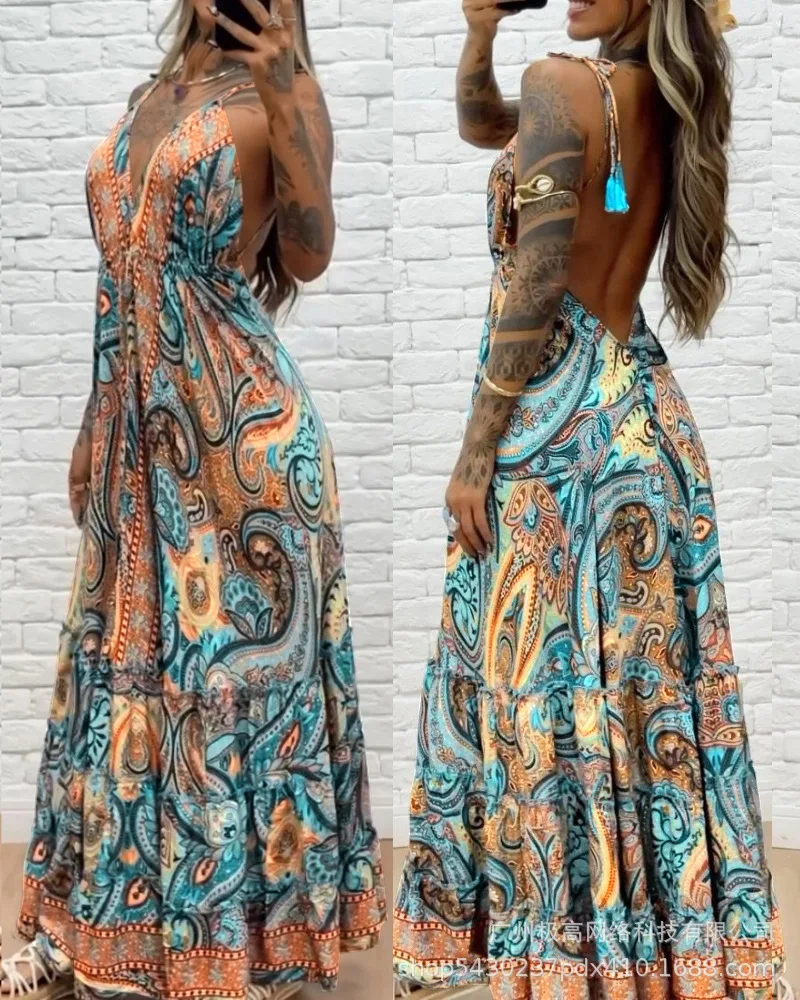 Mulheres cinta sem mangas decote em v cintura alta longo maxi floral flor vestido até o chão verão sexy
