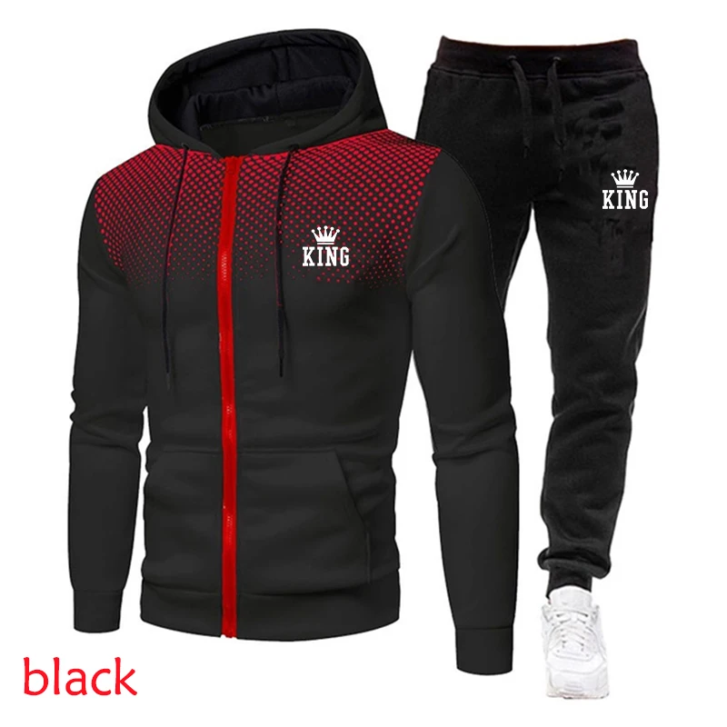 Fashionable men's king print hooded sweatshirt pants two-piece suit pullover sweatshirt casual jogging suit logo warm sports sui