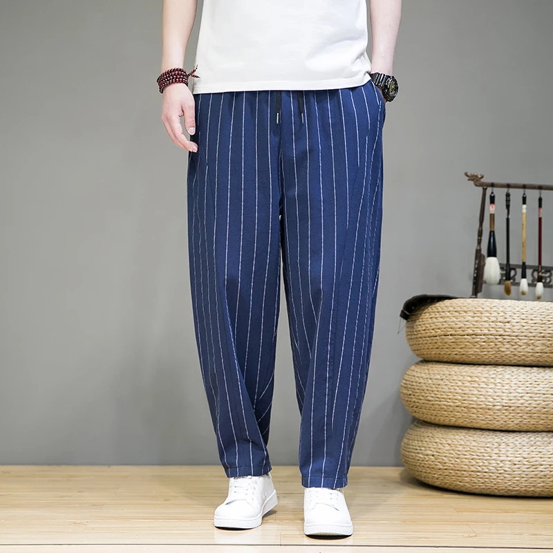 Trendy Striped Casual Pants for Men Loose Cotton Linen Pants Chinese Style Wide Legged Sweatpants Full Length Pant Trousers