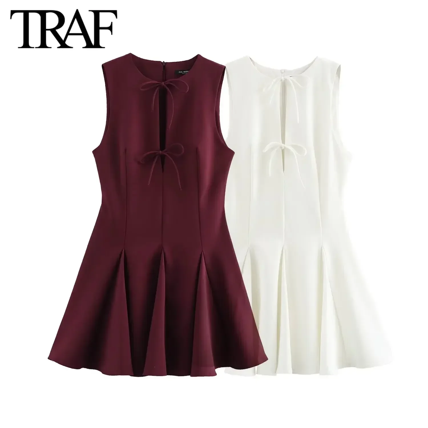 TRAF Dress for Women Fashion Autumn Winter New Solid Wave Wide Bow Back Zip Vest Dresses French Chic Female Evening Clothing