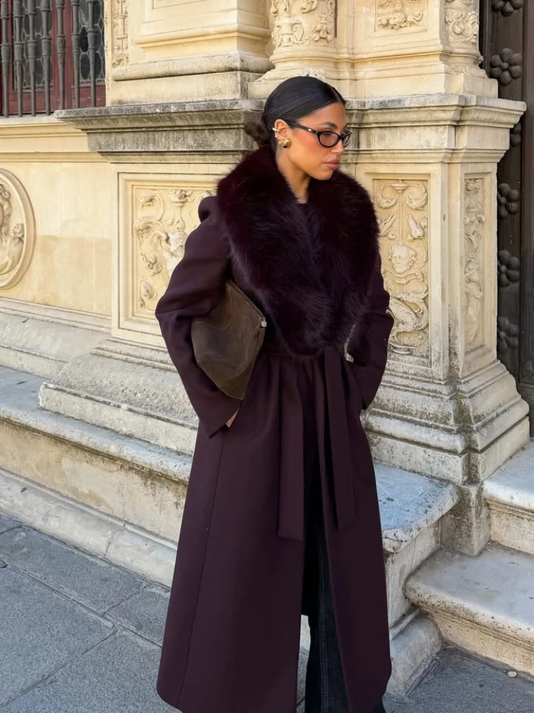 

Women Solid Fur Collar Woolen Overcoat Chic Patchwork Lace Up Full Sleeve V-neck Loose Coats 2026 Lady High Street Warm Outwear