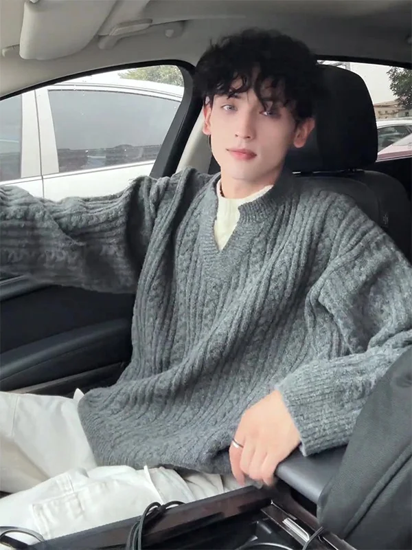 

Мужской вязаный свитер в американском ретро-стиле, зимний, с узором «твист», в стиле «old money», свободного кроя, из мягкого полиэстера, повседневная одежда