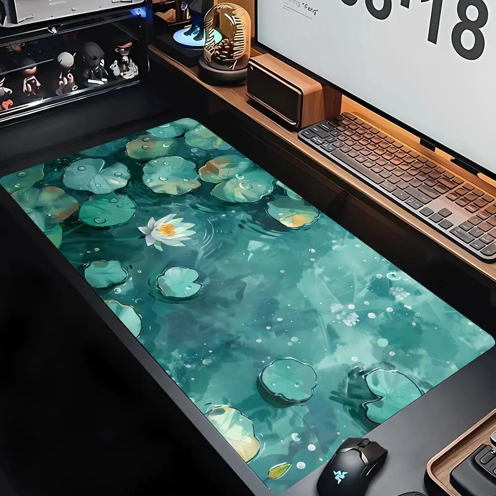 Green Lotus Pond Table Mat Non Slip Rubber Base Smooth Glide Mousepad For Relaxed Office Home