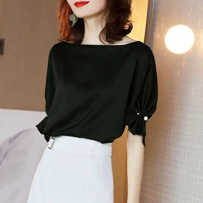 Temperament Solid Color Pleated Blouse Summer New Short Sleeve All-match Loose Trend Shirt Tops Elegant Fashion Women Clothing