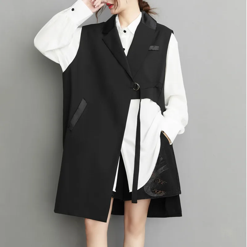 #2601 Black Long Vest Coat Women Loose Irregular Blazer Waistcoat Coat Ladies Loose Outerwear Sleeveless Cardigan Vest Femme