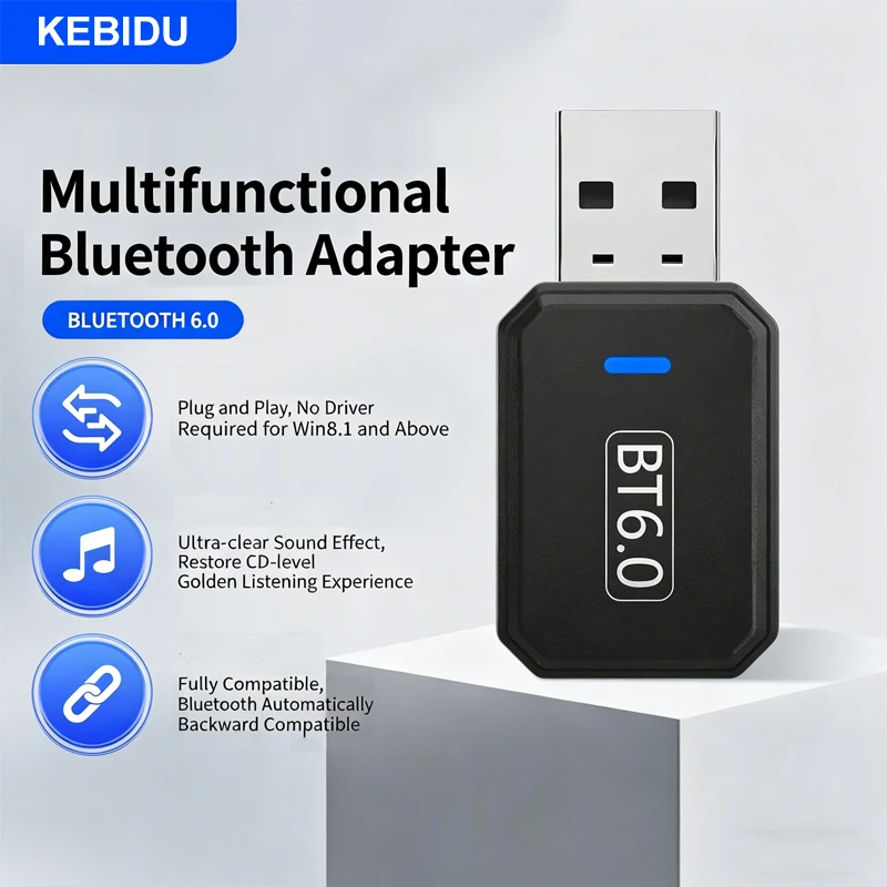 KEBIDU USB Bluetooth Adapter Bluetooth 6.0 Dongle Driver Free for PC Win11/10 Bluetooth Receiver Transmitter for Keyboard/Mouse