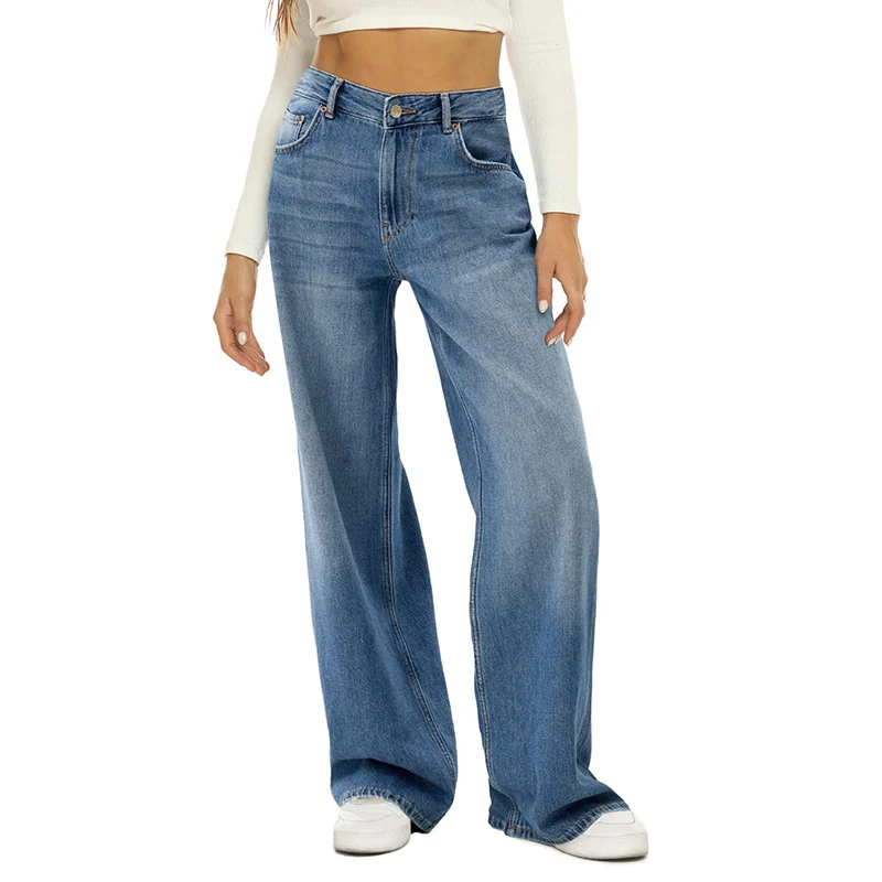 

Rimocy Casual Wide Leg Jeans Women Streetwear All-Match Washed Denim Trousers Female Vintage 90S High Waist Straight Pants Woman