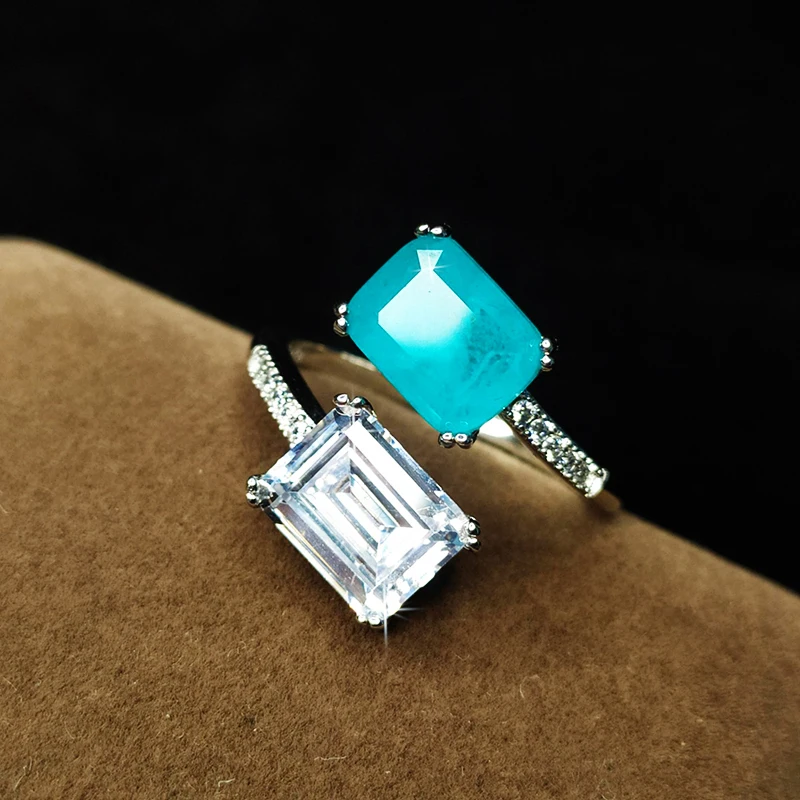 Original new design S925 sterling silver sapphire emerald two-color square burst opening adjustable ladies ring