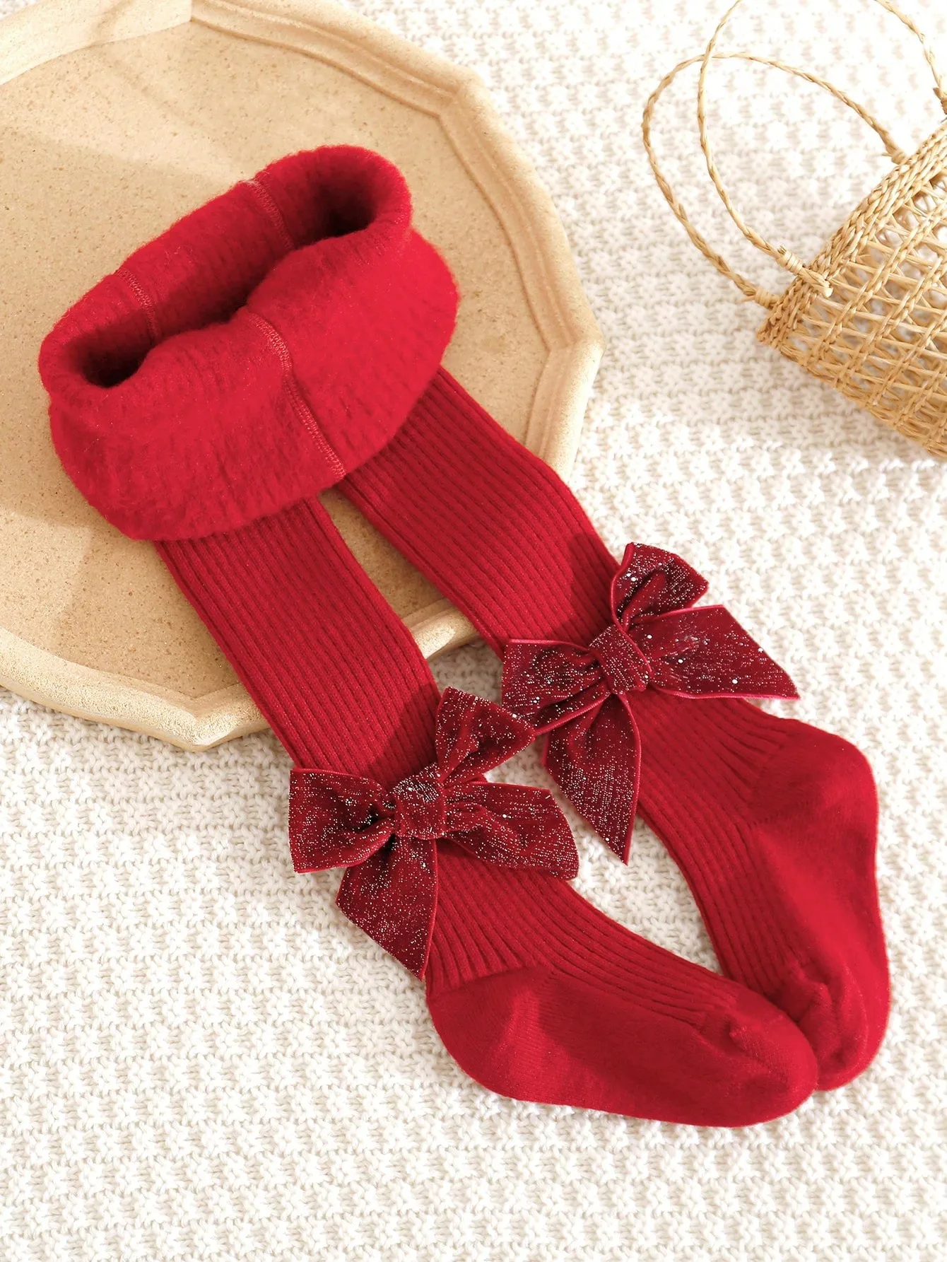 1 Stück Mädchen-Strumpfhose mit roter Schleifendekoration, mit Fleece gefüttert, dicke Strickstrumpfhose, Thermoleggings, Herbst, Winter, Weihnachtsfeier, Alltagsoutfit, 0-8 Jahre – Detail 3