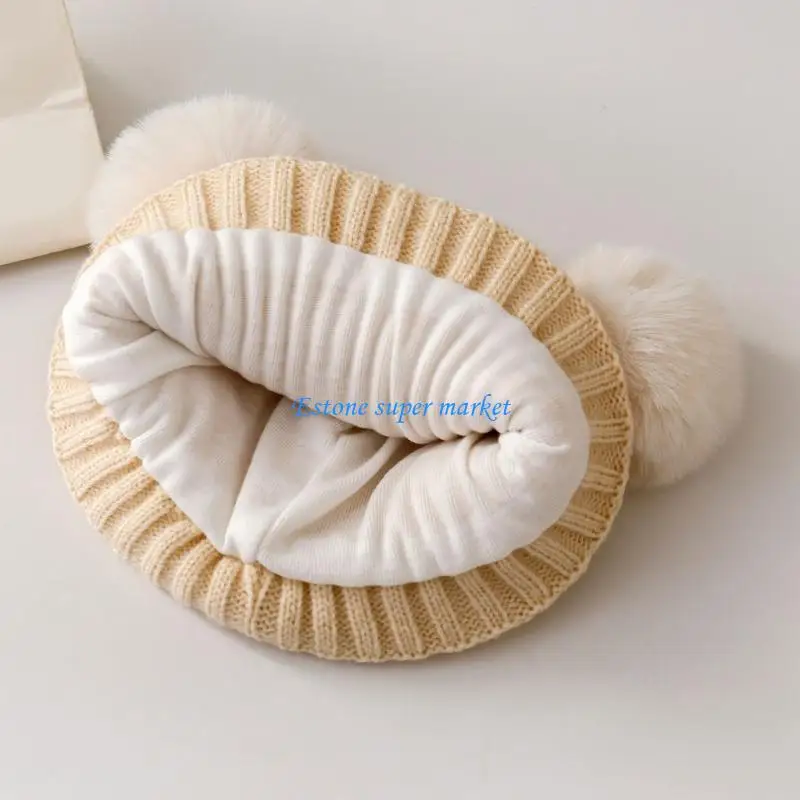 

090B Bonnet Caps for Newborn Infant 0-24 Month Knitted Winter Warm Hat Elastic Crochet Hat with Pompoms Rabbit Design Baby Hat