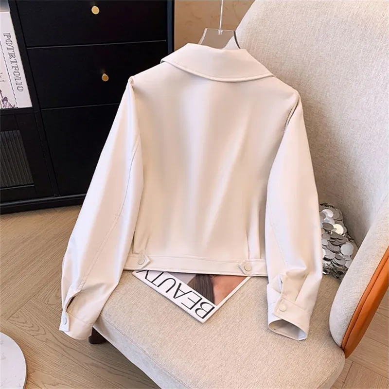 Black Pink PU Short Leather Coat Women 2025 Spring Autumn New Fashion Slim Lapel Motorcycle Jacket Ladies Zipper Outerwear B844