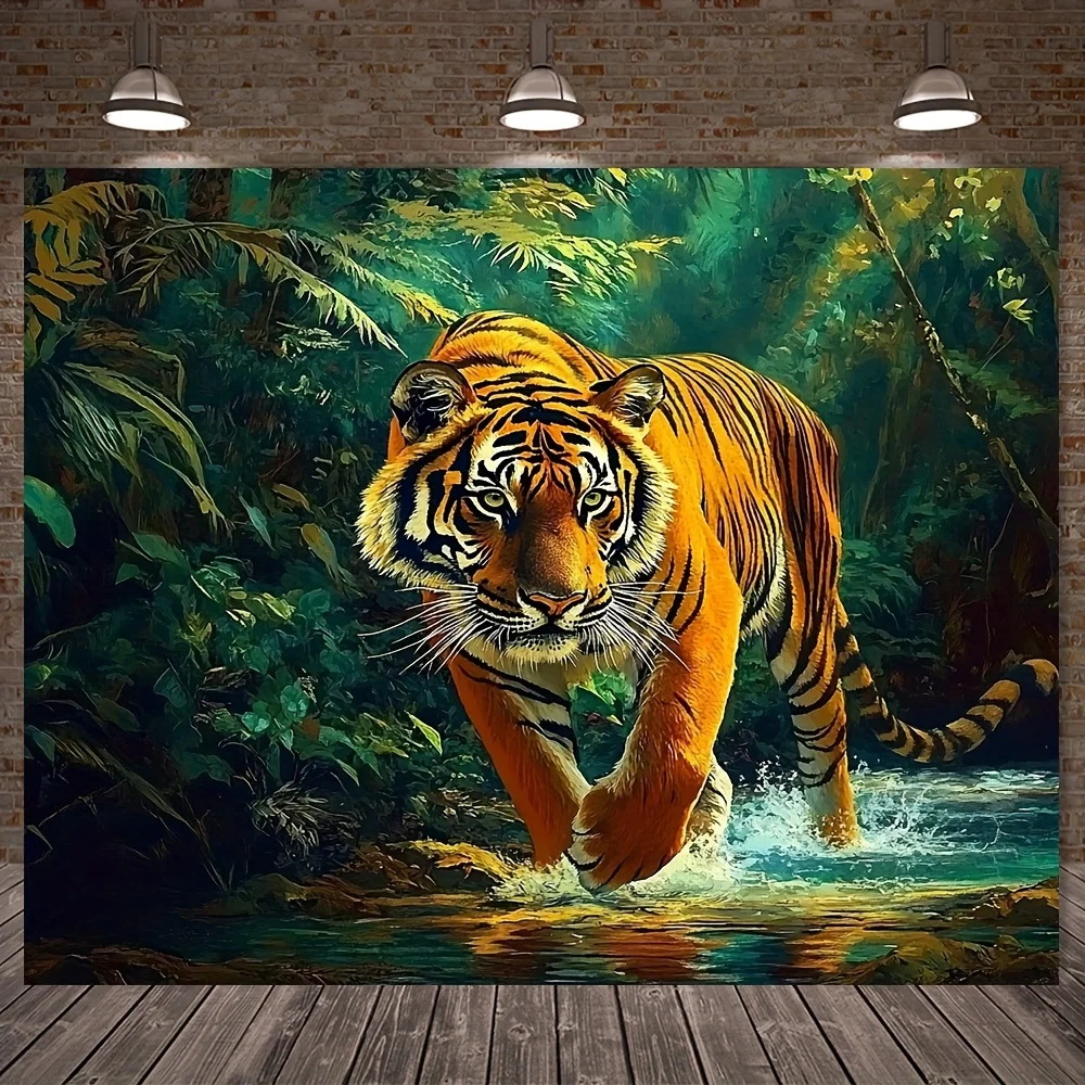 Vibrant Bengal Tiger in Lush Jungle Wallpaper Canvas Wall Art Tropical Wildlife Decor for Home Office