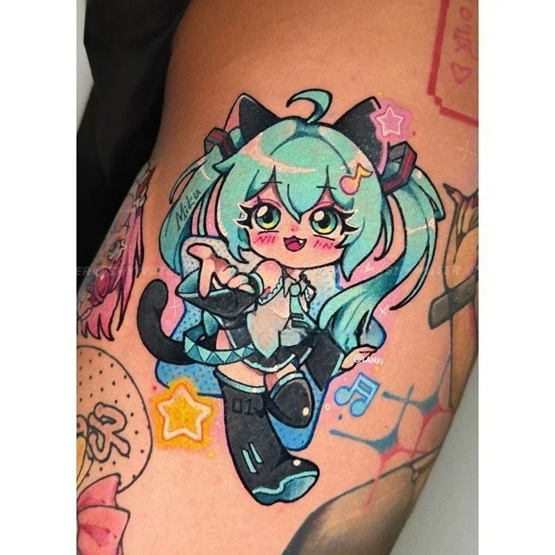 

Cartoon Temporary Tattoos Anime Blue Haired Girl Arm Waist Body Art Tatoo Waterproof Fake Tattoo Sticker for Woman Man