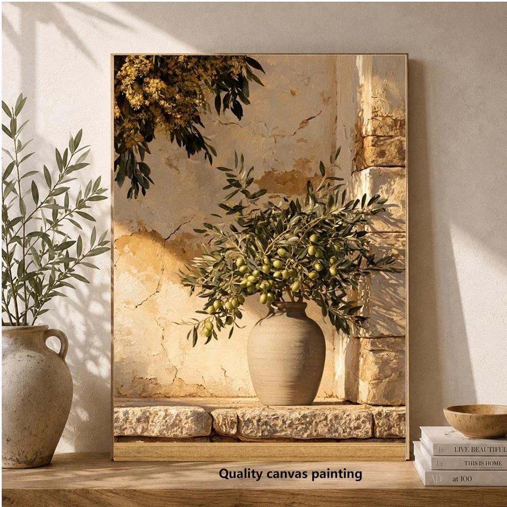 Frameless Canvas Painting Olive Branch Canvas Wall Art, Vintage Home Living Room Decor, Rustic Wall Art, Mediterranean Style Art