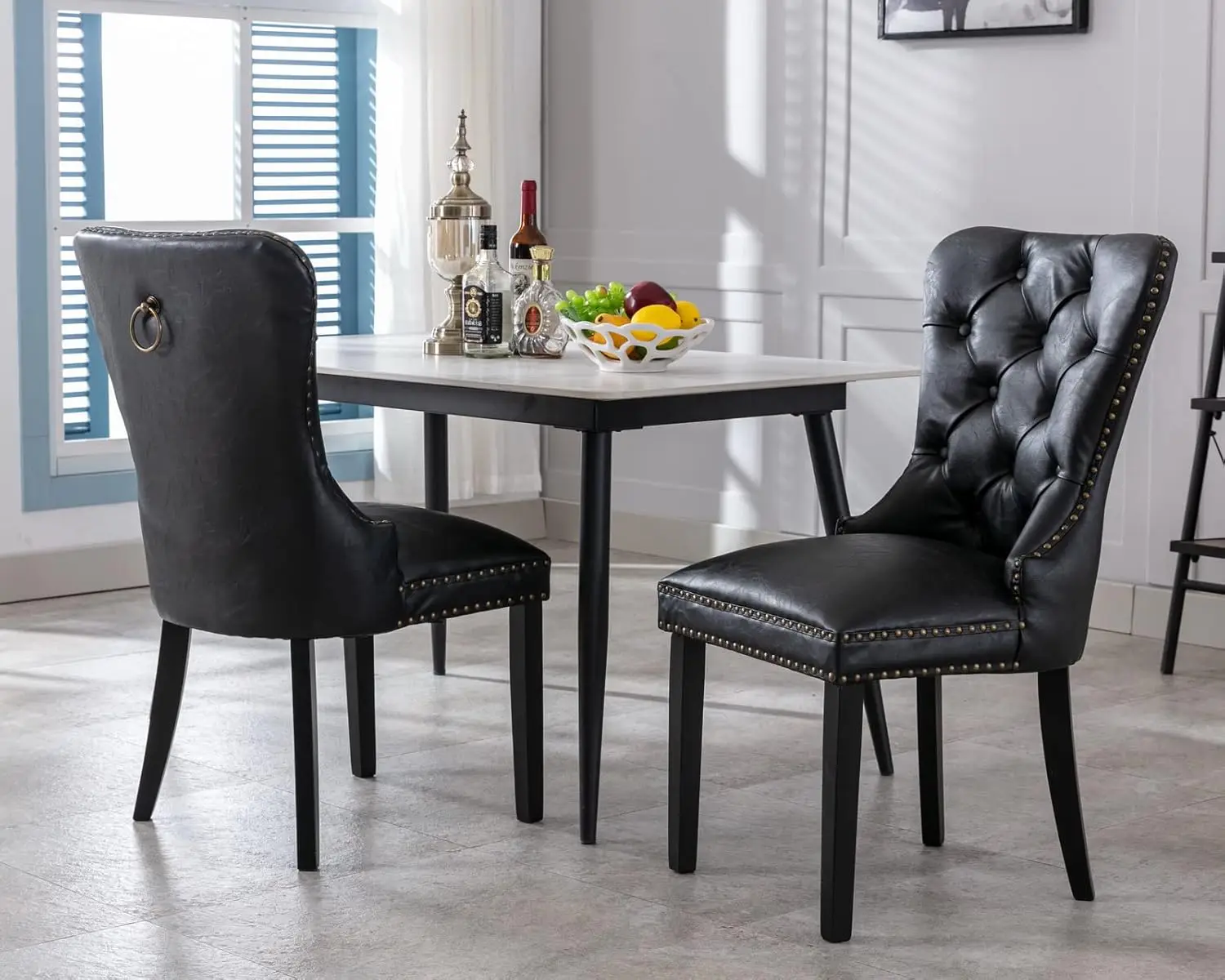 Black Leather Dining Chairs Set Of 2 Mid Century Modern Dining Room Chairs Tufted Upholstered Kitchen Dining Chairs, Customized