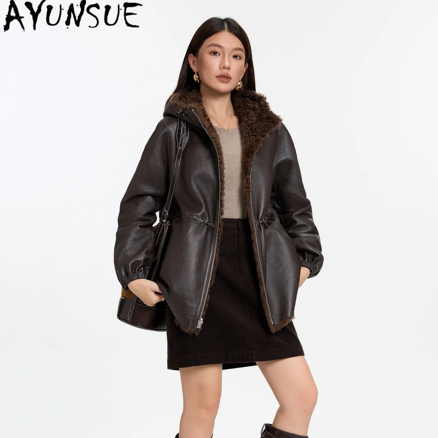 

AYUNSUE Natural Sheepskin Fur Coat Woman Lamb Wool Genuine Leather Jacket Women 2025 Warm Winter Clothes Hooded Шуба Женская