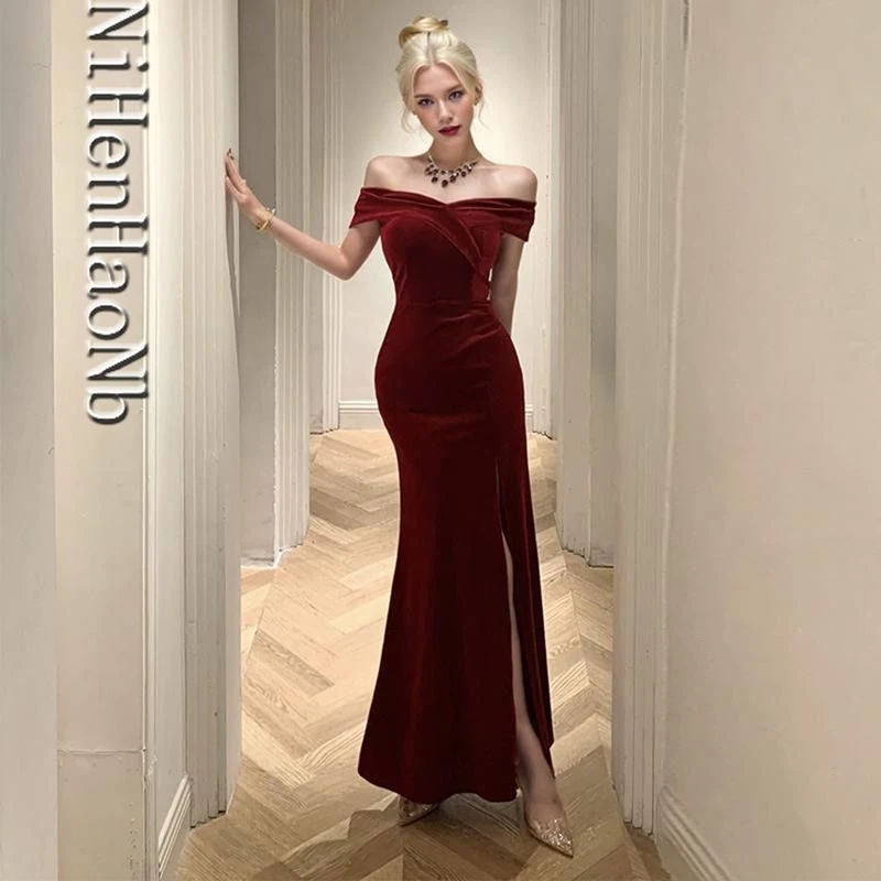 Christmas Vintage Sexy Club Prom Red Dresses Off The Shoulder Slit Velvet Evening Dress Bodycon Bridesmaid Dress