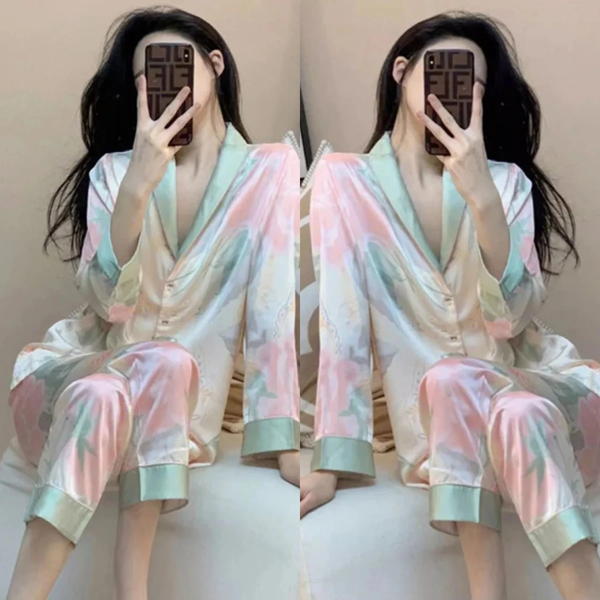 Women's Clothes Floral Ice Silk Pajamas Sweet Thin Section Spring Summer V-Neck Homewear Fashion Korean Simple Soft Loungewear