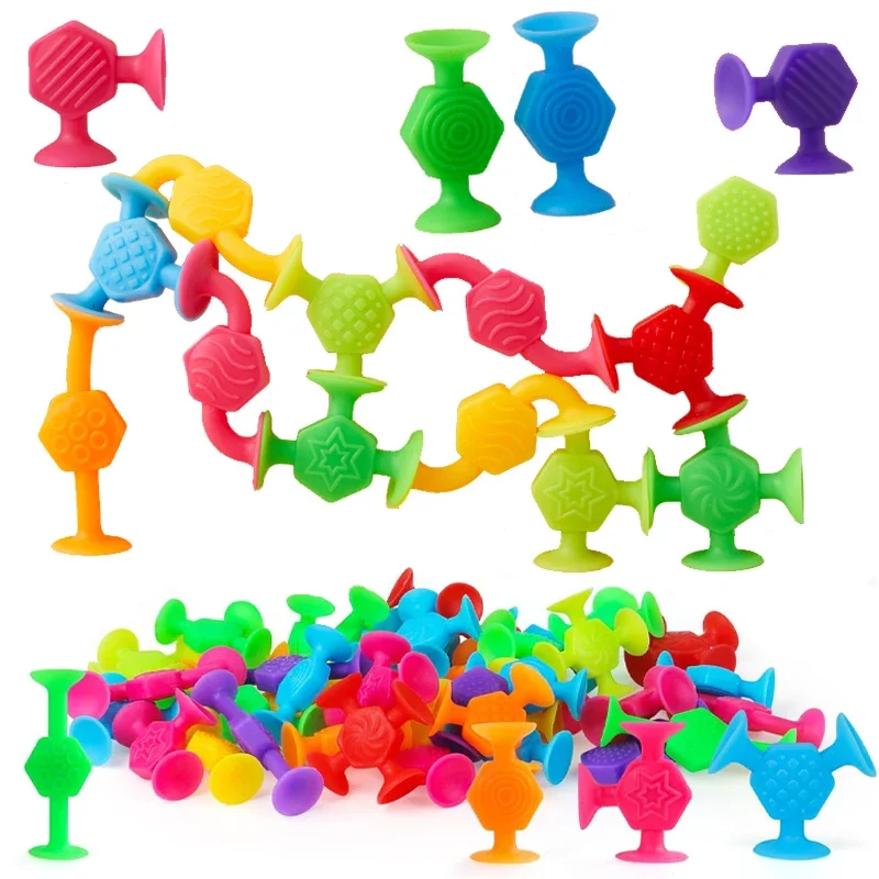 Jouets de Construction à ventouses, 16/48 pièces, jouets de Construction à ventouse texturée pour enfants, empilage pour salle de jeux, bain et jouet de voyage