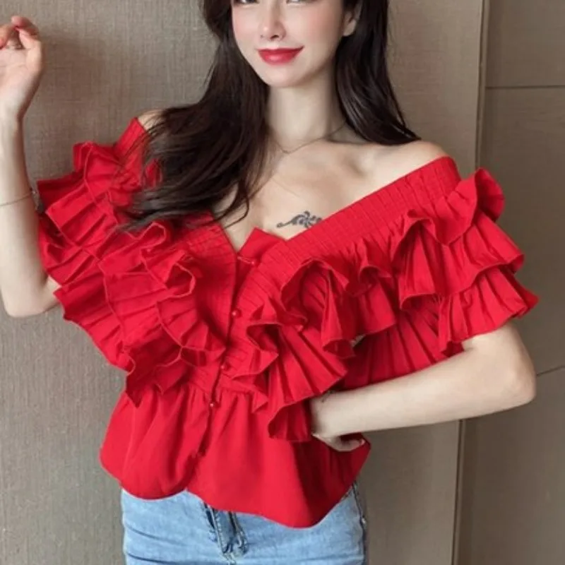 Matakawa Ruffles V Neckl Shirts&blouses Women Tops Solid Spring Summer Vintage Blusas Mujer Korean Fashion Elegant Camisas