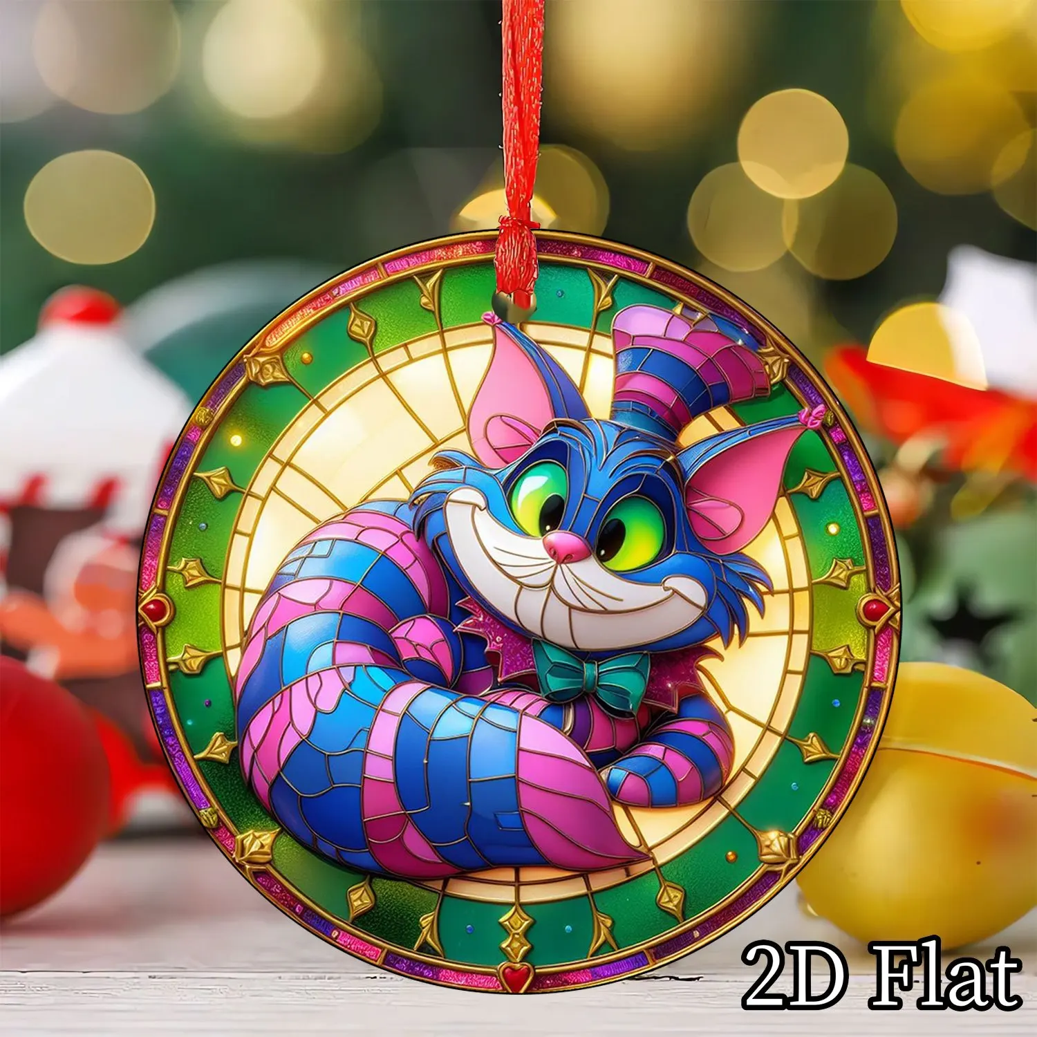 Plano 2D, 1 pieza de decoración colgante de gato de Cheshire de Alicia en el país de las Maravillas de Disney, azul vibrante, morado, verde, dorado, sin electricidad N