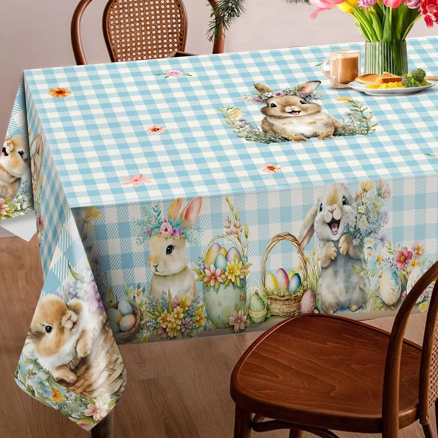 Easter Eggs Bunny Floral Tablecloth Party Table Decor Spring Colorful Flower Buffalo Plaid Dining Table Cloth Easter Decorations