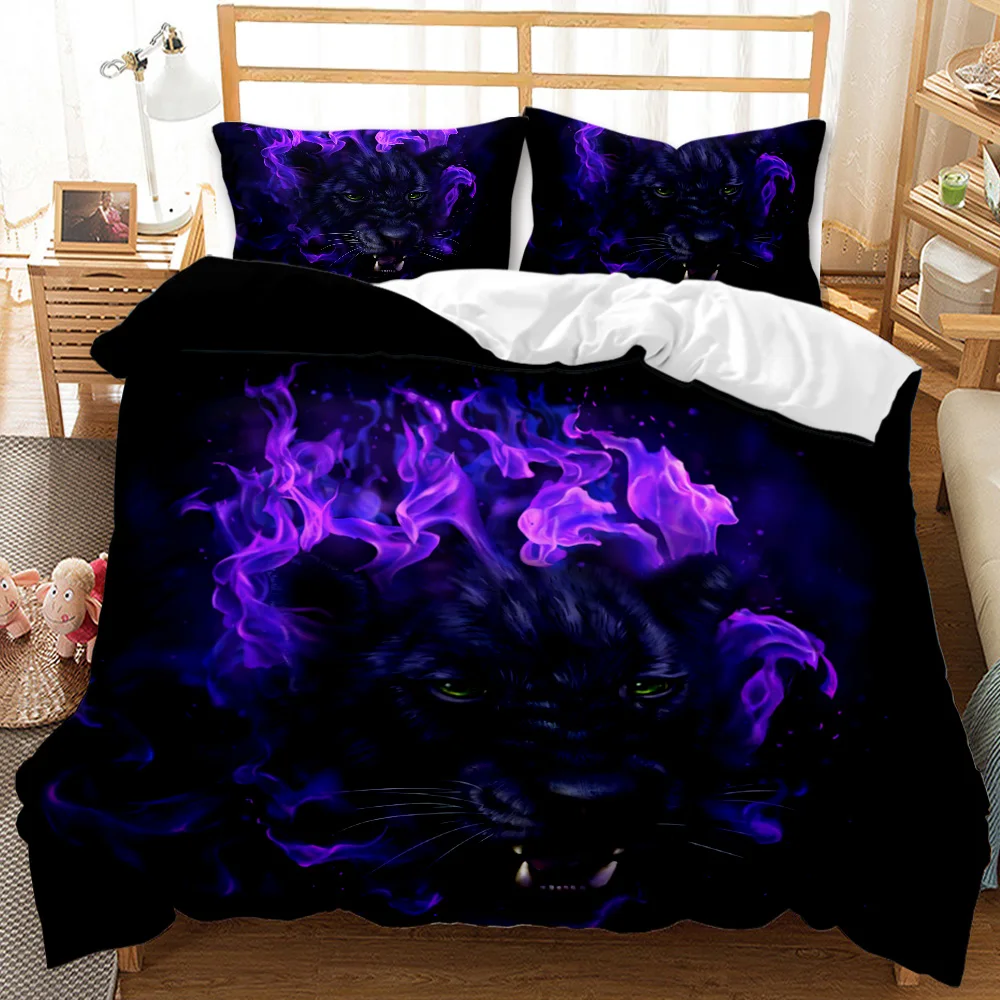 Black Panther Duvet Cover Set Kids Boys Girls Safari Cheetah Comforter Cover Blue Fire Wild Animal Polyester Queen Bedding Set