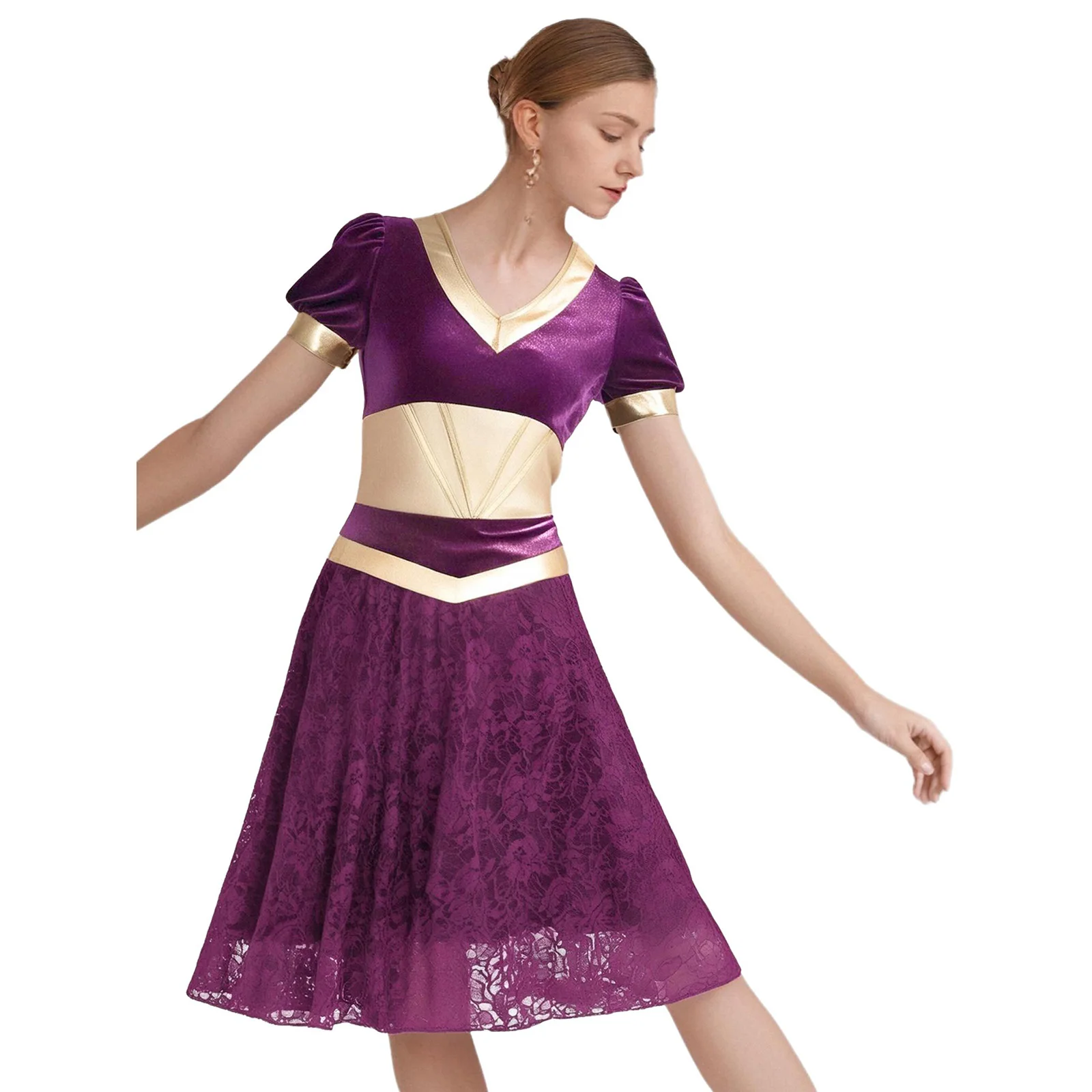 

Women Arabian Dance Performance Costume Metallic Patchwork Floral Lace V Neck Dress Adjustable Belly Dance Dress Dancewear