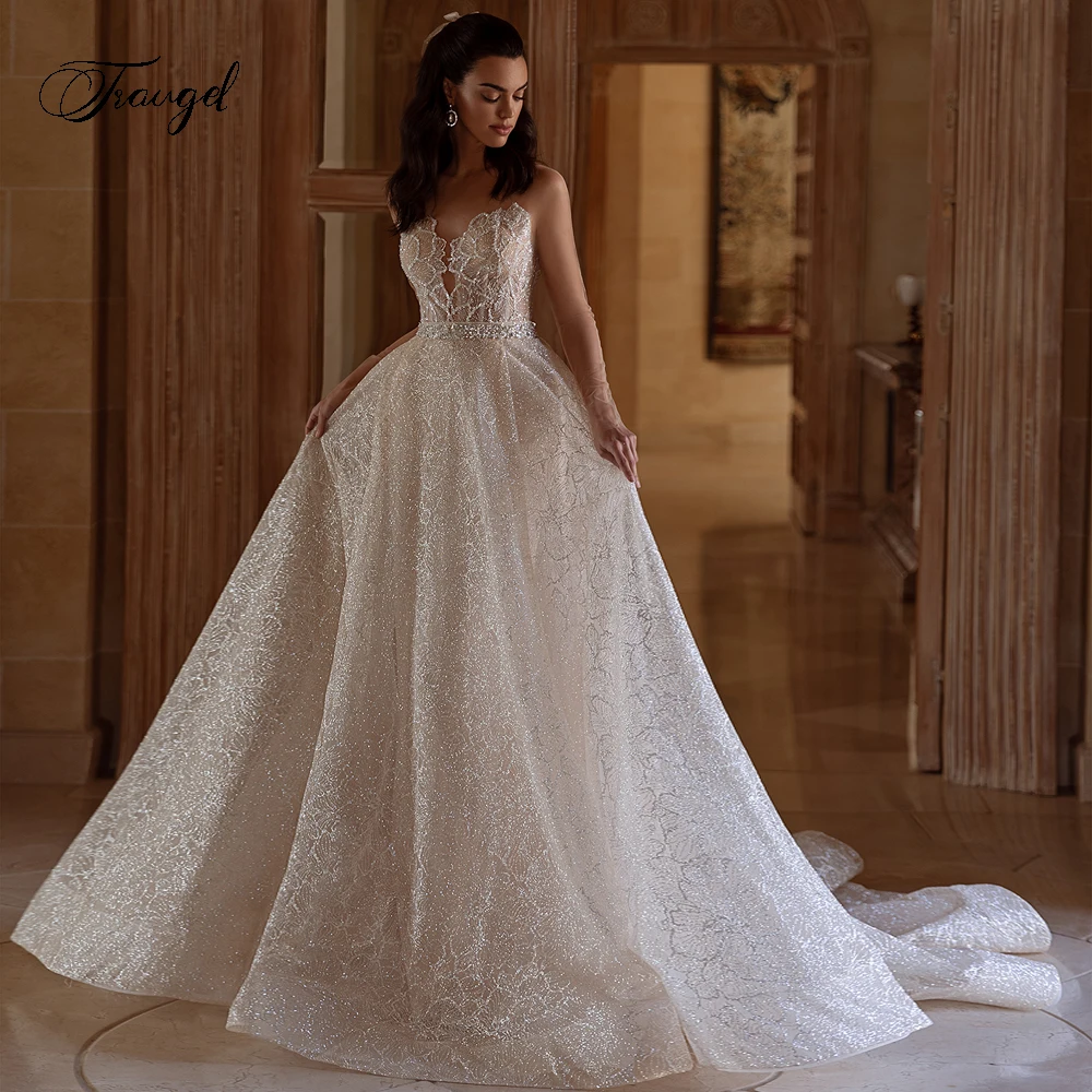 Traugel رقبة سكوب كم طويل دانتيل فساتين زفاف عتيقة فاخرة قبالة الكتف حزام ذيل محكمة خط الزفاف Gowo #1