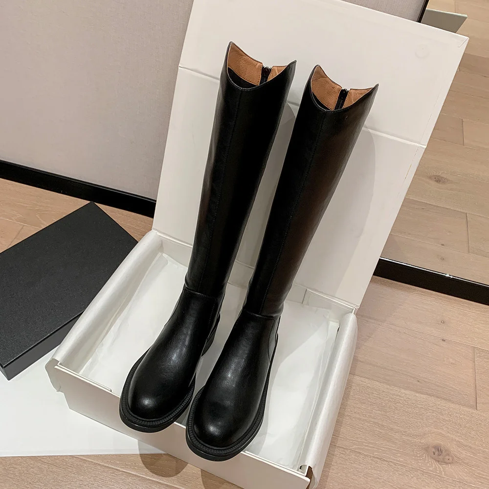 Aucegi New Concise Women Riding Knee High Boots Hot Sale Cowhide Round Toe Zipper Low Heels Commuter Party Manual Made Shoes