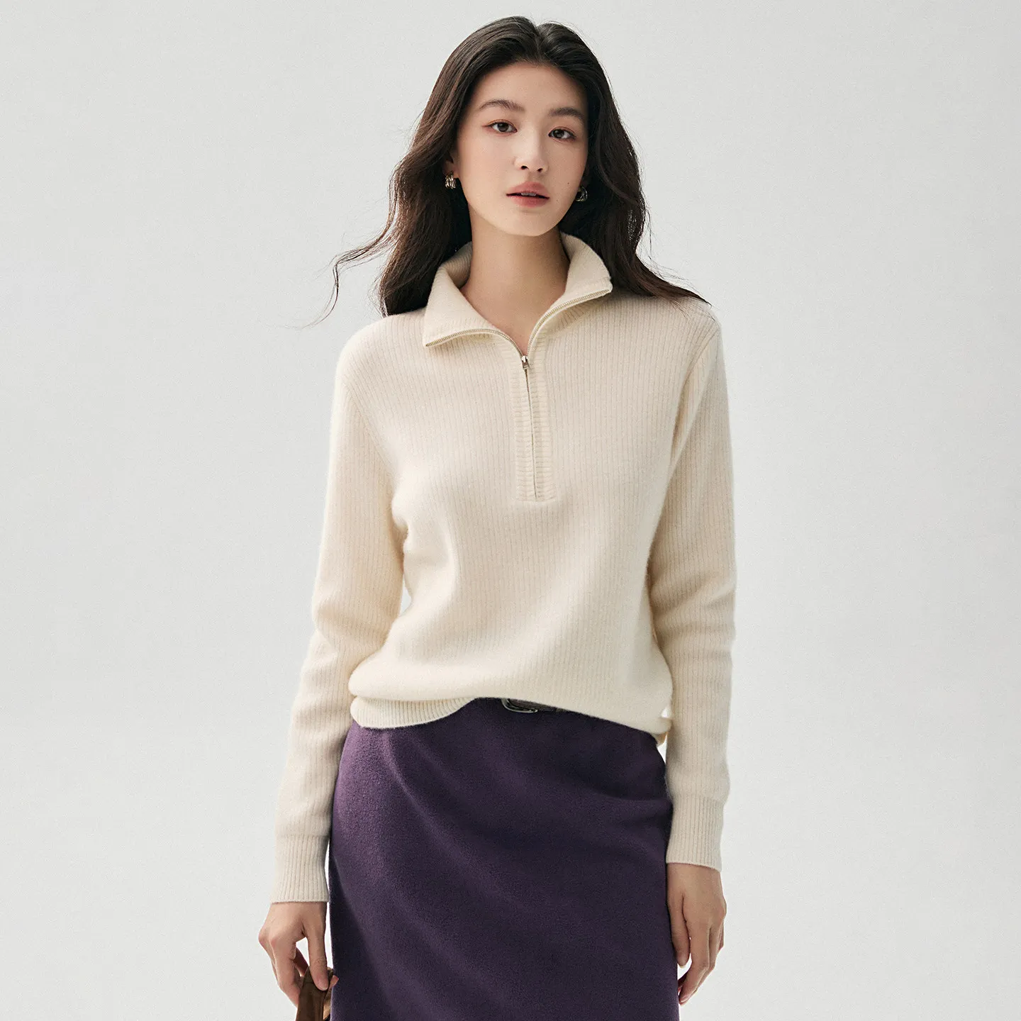 Semi-zipper vertical collar cashmere sweater women's semi-cardigan temperament off-shoulder thick sweater sweater