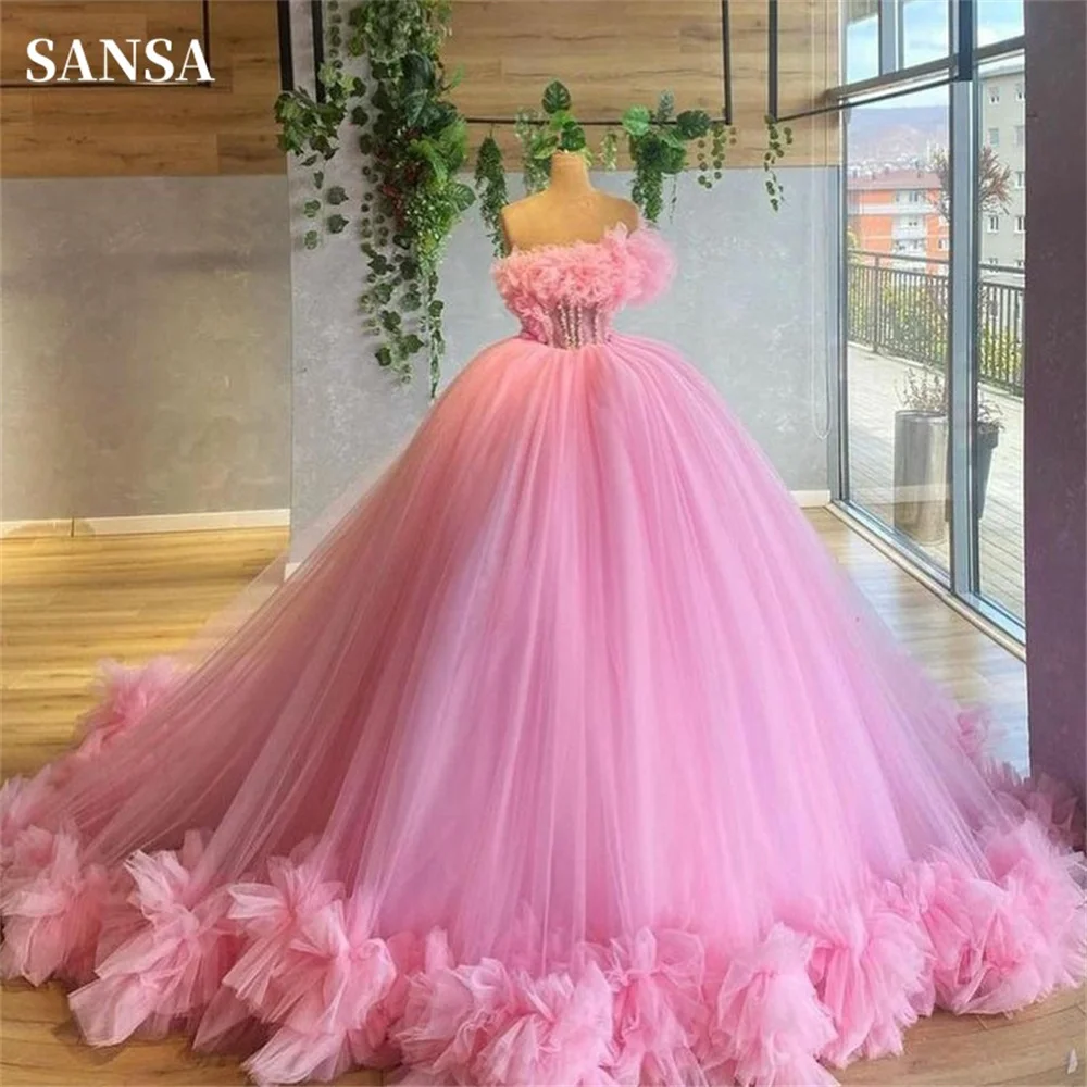 Sansa Luxury فساتين سهره فاخره Strapless 2023 Baby Pink Ball Gown فساتين للحفلات الراقصة Sexy Sequins On Chest Puffy Prom Dress