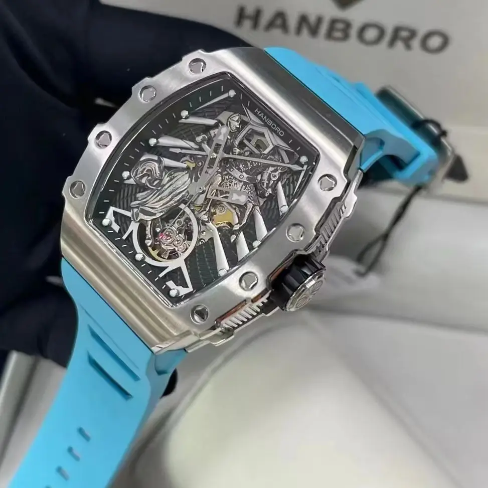 HANBORO Men Automatic Watch Tonneau Mechanical Wristwatch Luminous Waterproof Skeleton Knight Dial Rubber Strao Miyota Mov