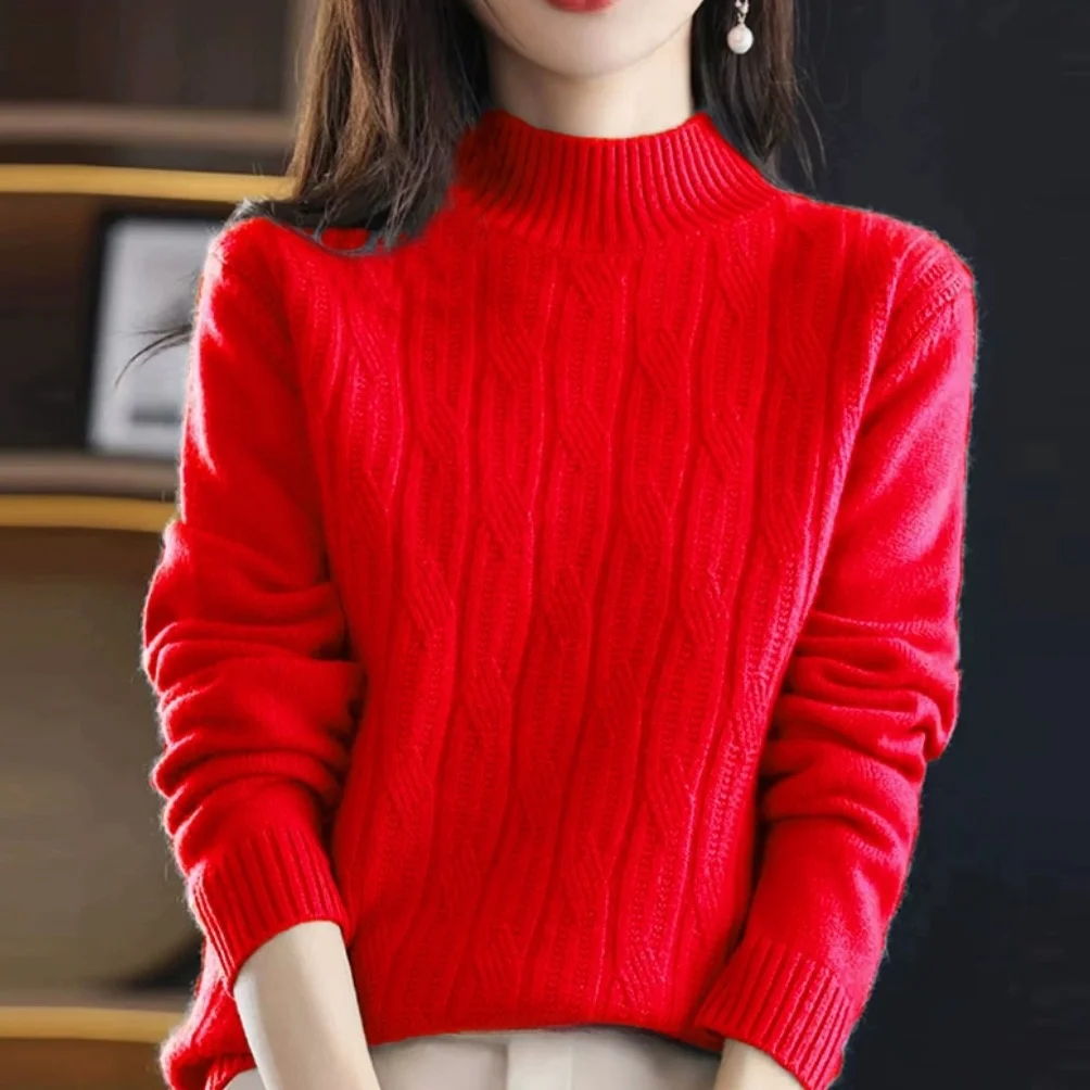 Suéter de Lana de Cachemira uesa, Hoado, para Mujer, Otoño Invierno, Cuello Medio Alto, Tejido, Manga Larga, Cálido, Colo...