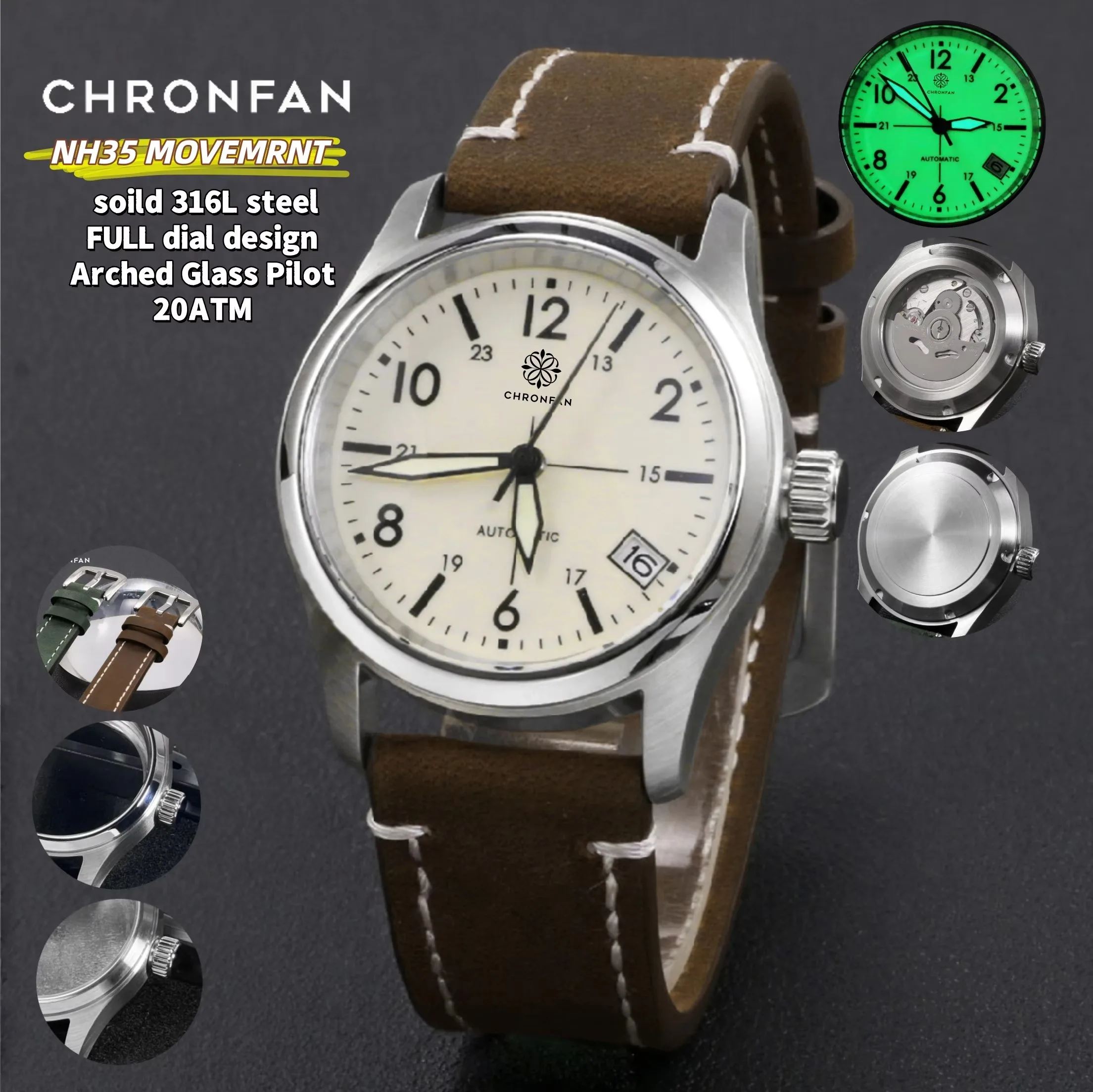 36mm Men's NH35 Automatic Vintage Pilot Watch AR Sapphire Crystal 20ATM Waterproof C3 Luminous Arabic Numeral Dial Leather Strap