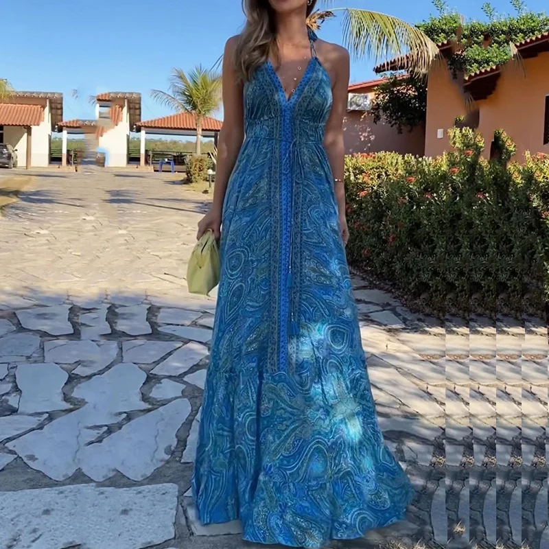 Vestido con tirantes Bohe y estampado Vintage para mujer, vestido largo elegante con cuello en V y abertura alta, Sexy, sin mangas, para cubrir la playa