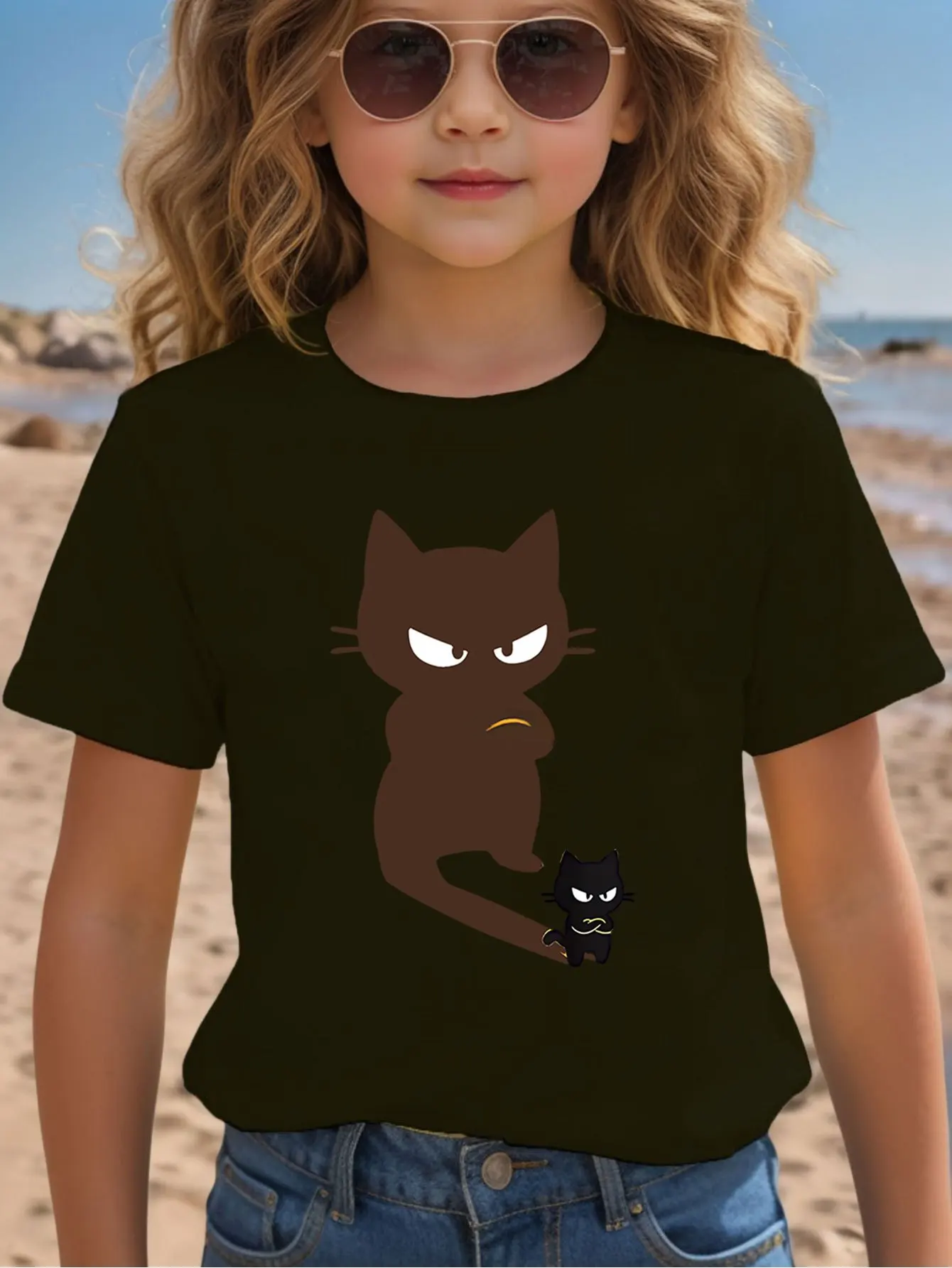 Angry Two Black Cats Simple Art Print Kids T Shirt Boys Girls Family Matching Parent Child Summer Crew Neck Children Daily Tee