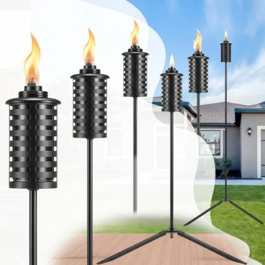 6 Pack Garden Torch with Tripod Footprint, 55 Inch Outdoor Metal Torch Garden Décor, Upgraded Home Citronella Torches, Metal Li