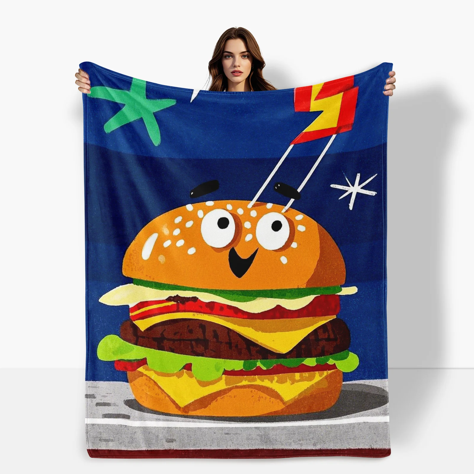 Hamburger Star Personified Blue Blanket For Stylish Warmth And Creative Design Ideal For Home Use Or Outdoor Adventures