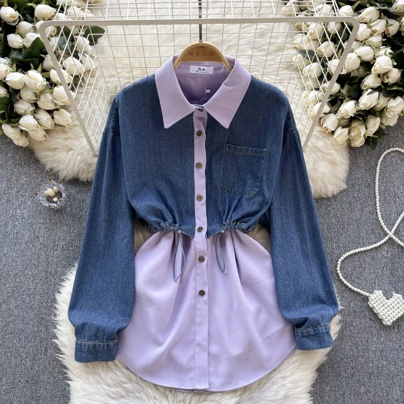 

Retro Denim Net Color Shirt Female Design Fake Two-piece Contrast Stitching Drawstring Waist Joker Top
