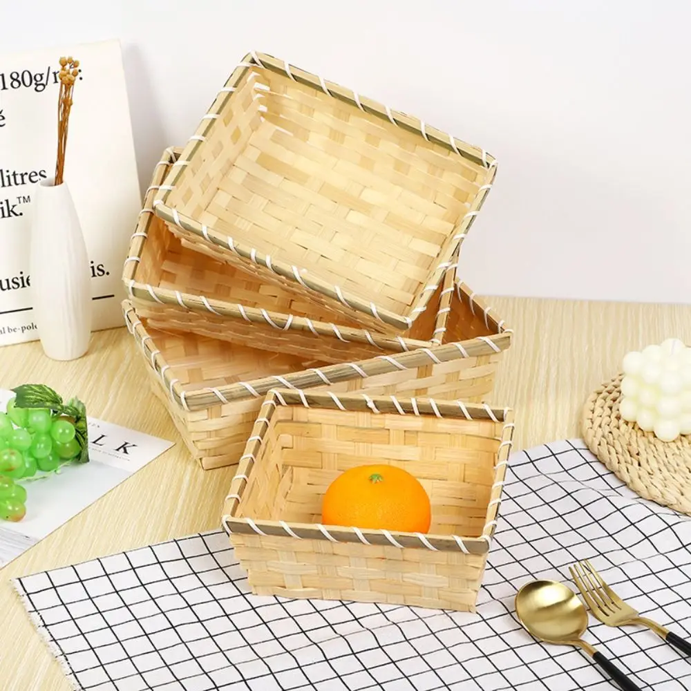 Simple Woven Bamboo Basket Natural Color Rectangle Wicker Bread Basket Handmade Square Home Shop Display Egg Storage Basket